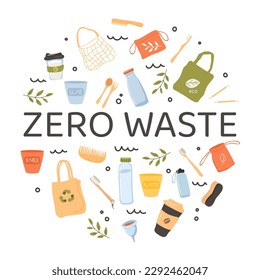 Zero waste concept. Collection of things from eco friendly materials. Bags, mugs and toothbrushes. Caring for ecology and nature. Cartoon flat vector illustrations isolated on white background