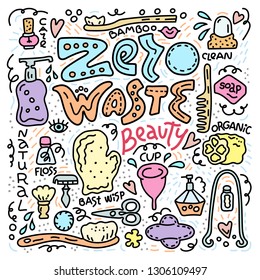Zero waste concept. Colorful doodle style illustration with organic hygienics symbols. Eco style