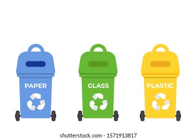 Zero waste concept Containers with recycling sign for waste sorting:  glass, plastic, paper. Vector illustration white isolated. 