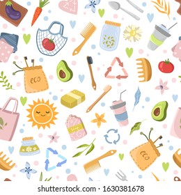 Zero waste concept. Cute doodle illustration on a white background. Reusable things, eco goods. Seamless pattern