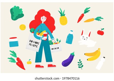 Zero waste concept design elements. Vegetarian and vegan shopping, food in a tote bag. Fruits and vegetables set