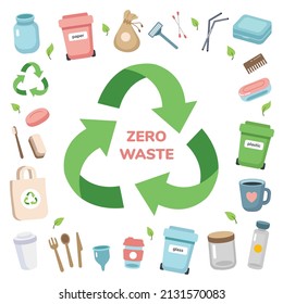 Zero waste concept. Different elements of conscious consumption items. Sustainable lifestyle, ecological concept. Vector illustration in flat cartoon style