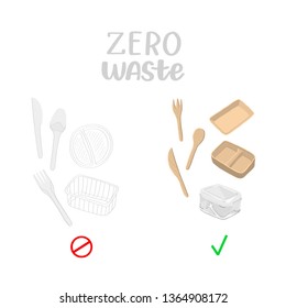 Zero waste concept, disposable tableware, paper, metal dishes, vector isolated illustrations 