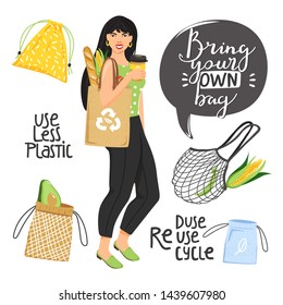 Zero waste concept with eco bags, woman and lettering. Stylish typography slogan design "Bring your own bag" sign. Eco life. Vector.