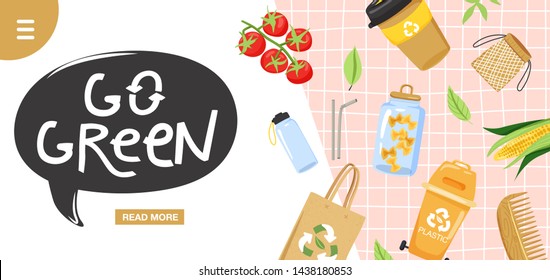 Zero waste concept with eco objects. Shopping bag, container, cup, comb, bottle, jar, vegetable etc. Website landing page design template. Stylish typography slogan design "go green" sign. Vector.
