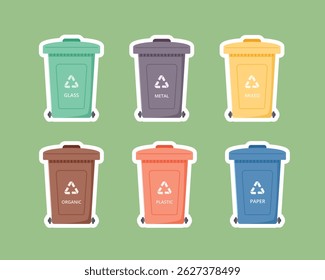 Zero Waste concept. Ecological garbage bins for plastic,organic,paper,metal,glass and mixed on isolated background. Trash sorting concept. Vector illustration cartoon flat style