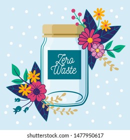 Zero Waste concept. Empty glass jar, with floral composition. Environmental conservation.