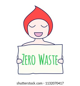 Zero waste concept. Environment protection poster. Zero waste illustration. Smiling girl with Zero waste sign in her hands. Zero waste sign. Vector illustration.