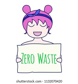 Zero waste concept. Environment protection poster. Zero waste illustration. Smiling girl with Zero waste sign in her hands. Zero waste sign. Vector illustration.