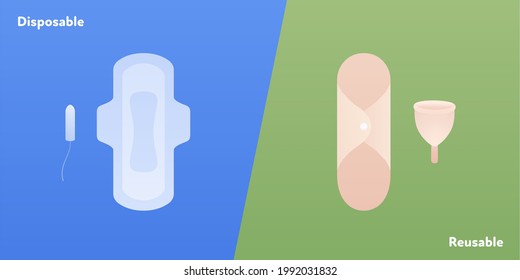 El concepto de basura cero. Conjunto de toallas sanitarias reutilizables para mujeres. Ilustración moderna plana vectorial. Comparación infográfica de toallitas reutilizables y desechables, taza y tampón sobre fondo azul y verde.