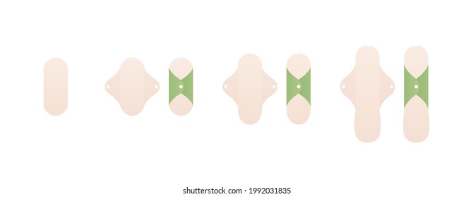 Konzept der Abfallvermeidung Female wiederverwendbare Binden-Set. Moderne Vektorgrafik. Sammlung von Stoffpolstern Symbol einzeln auf weißem Hintergrund. Grünes Farbdesign-Element.