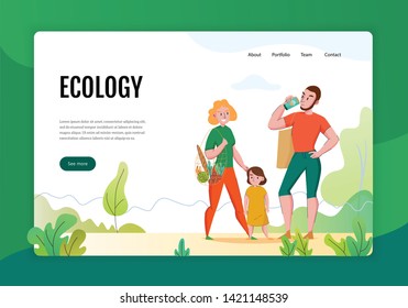 Zero waste concept flat banner web page with family using eco friendly sustainable natural products vector illustration 