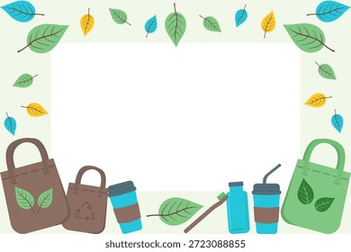 Estrutura conceitual com zero de desperdício com espaço de cópia. Fundo sustentável com itens reutilizáveis, sacos de pano e escovas de bambu. Borda de design plana vetorial para cartão ou cartaz ecológico.