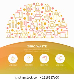 Zero waste concept in half circle with thin line icons: menstrual cup, glass jar, natural deodorant, hand coffee grinder, french press, wooden comb. Vector illustration, web page template.