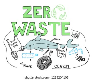 Zero waste concept. Hand drawn doodle sketch vector illustration isolated on white background. Ecological lifestyle, sustainable icons. Garbage in the ocean. Dolphin entangled in plastic. Waste less.