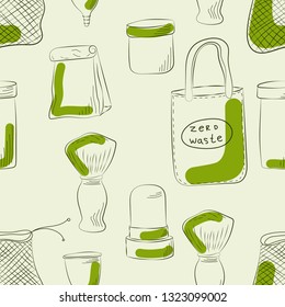 Zero Waste Concept.  Hand drawn elements of zero waste life. Seamless pattern. Vector illustration. 