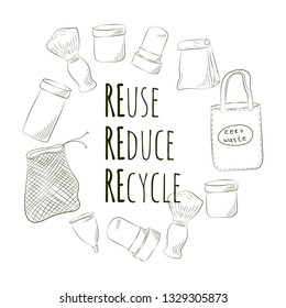 Zero Waste Concept. Hand drawn elements of zero waste life. Zero waste concept card. Good for posters, banners, web design, cards. Vector illustration.