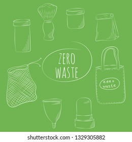 Zero Waste Concept. Hand drawn elements of zero waste life. Zero waste concept card. Good for posters, banners, web design, cards. Vector illustration.