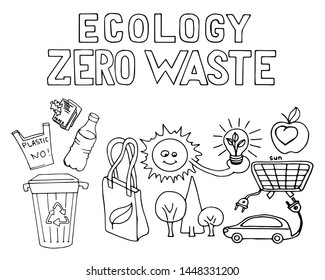 Zero waste concept. Hand drawn doodle sketch vector illustration isolated on white background. Ecological lifestyle and sustainable developments icons. Waste less concept illustration.