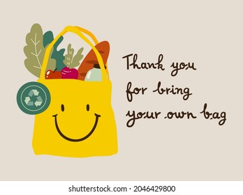 Zero waste concept illustration. Cute smiley eco bag with grocery goods says thank you. No plastic, bring your own bag.      