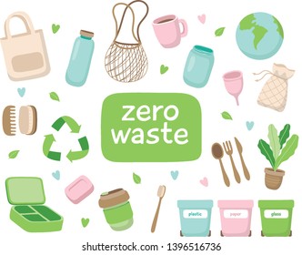 Zero waste concept illustration with different elements. Sustainable lifestyle, ecological concept. Vector illustration in cartoon style