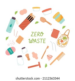 Zero Waste concept illustration with eco friendly and reusable elements and lettering. Sustainable lifestyle, ecological concept. Vector illustration in cartoon flat style.