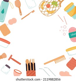 Zero Waste concept illustration with eco friendly and reusable elements . Sustainable lifestyle, ecological concept. Vector illustration in cartoon flat style.