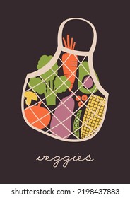 Zero waste concept. Illustration of eco bag with vegetables, berries in flat style. Vector isolated clip art with carrot, avocado, broccoli, mushroom, pea, corn for vegetarian cafe, restaurant.