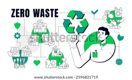 Zero waste concept illustration. Ecology preservation, recycling. Ecofriendly, sustainability. Pollution, industry. Text banner with flat vector character, colorful line icons. Visual communication