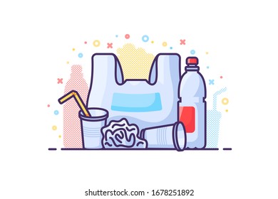 Zero Waste Concept Illustration. Plastic Danger Trash. Bag and bottle, disposable tableware. Vector