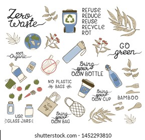 Zero Waste concept  items and elements. Glass bottles, eco grocery bags, bamboo cutlery, toothbrush and brush, reusable cup. Ecology elements. No plastic, go green illustration.