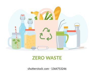 Zero waste concept.  Kitchen utensils and food on the table. Flat vector illustration.