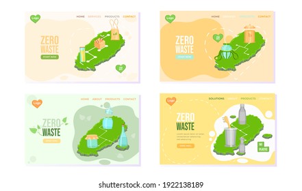 Concepto de basura cero para página de aterrizaje, plantilla, web. Bolsa de compras y empaque ecológico reutilizable, contenedor de pasta de vidrio y caja de madera en la isla con hierba verde. No al plástico, salve el ambiente