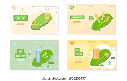 Zero Waste concept for landing page, template, web. Eco friendly reusable shopping bag and packaging, glass pasta container and wooden box on island with green grass. No to plastic, save environment