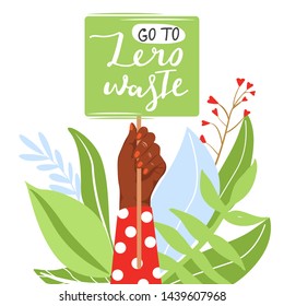 Zero waste concept with leaves. Hand holding a nameplates with inscription "Go to zero waste". Vector illustration on white background.