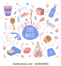  Concepto de basura cero. Letras con elementos de diseño dibujados a mano. Bienes domésticos. Ilustración vectorial. 