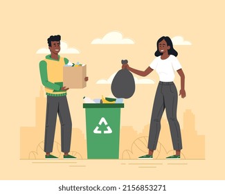 Zero waste concept. Man and girl throw garbage into trash can, responsible society. Protection of nature and reduction of waste, ecology and eco friendly activists. Cartoon flat vector illustration