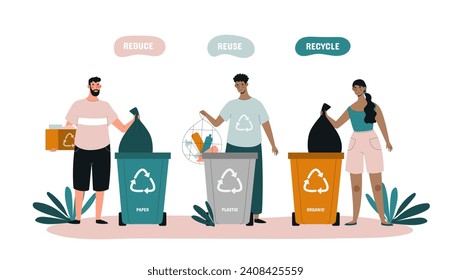 El concepto de basura cero. Hombres y mujeres cerca de un colorido basurero. Estilo de vida sostenible, reciclado y reutilización. Me importa la naturaleza y la ecología. Dibujo vectorial plano de dibujos animados aislado en fondo blanco