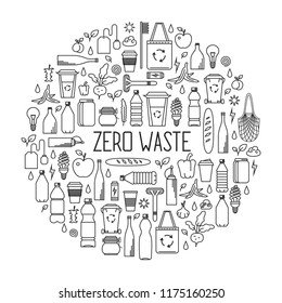 Zero waste concept. Monochrome line art collection of eco and waste elements.