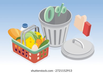 Concepto de cero residuos. Estilo de vida ecológico orgánico sin basura. Ilustración vectorial isométrica plana 3D.