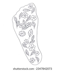 Zero waste concept. Outline of a child's foot with leaves and flowers drawn inside. Eco friendly concept. Environmental protection. black and white hand drawn image