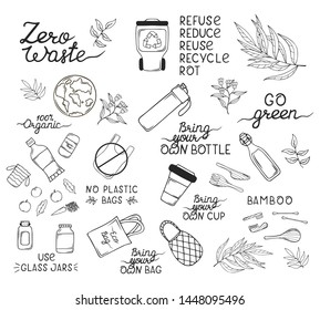 Zero Waste concept outline items and elements. Glass bottles, eco grocery bags, bamboo cutlery, toothbrush and brush, reusable cup. Ecology outline elements. No plastic, go green illustration.