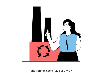Zero waste concept with people scene in flat web design. Woman improving industry production with ecological protection technology. Vector illustration for social media banner, marketing material.