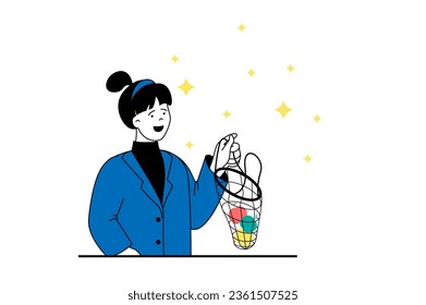 Zero waste concept with people scene in flat web design. Woman using textile eco bag for shopping, using ecological reusable goods. Vector illustration for social media banner, marketing material.