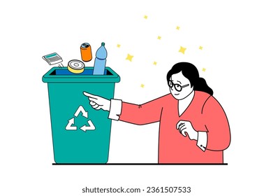 Zero waste concept with people scene in flat web design. Woman collecting and separating different types of garbage for recycling. Vector illustration for social media banner, marketing material.