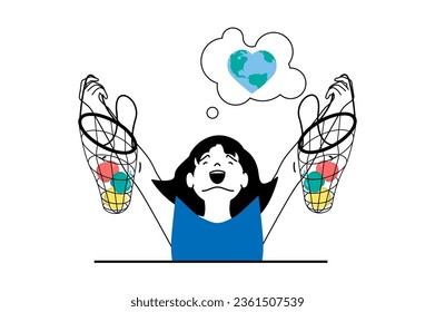 Zero waste concept with people scene in flat web design. Happy woman using textile eco bags for shopping and gets eco lifestyle habits. Vector illustration for social media banner, marketing material.