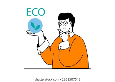 Zero waste concept with people scene in flat web design. Eco activist man thinking about protecting nature and saving planet strategy. Vector illustration for social media banner, marketing material.