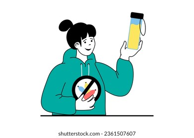 Zero waste concept with people scene in flat web design. Eco activist woman uses reusable glass bottle and refuses plastic packaging. Vector illustration for social media banner, marketing material.