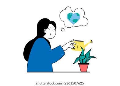 El concepto basura cero con la escena de la gente en el diseño web plano. Las mujeres riegan la plántula y cultivan plantas y árboles para plantar en los bosques. Ilustración vectorial para banner de medios sociales, material de marketing.