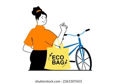 Zero waste concept with people scene in flat web design. Woman using shopping eco bag and cycling bike, leads eco friendly lifestyle. Vector illustration for social media banner, marketing material.